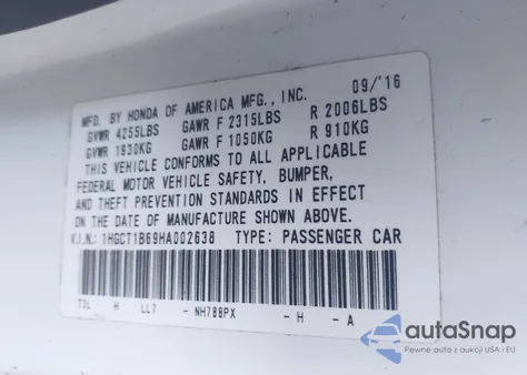 2017 Honda Accord Ex-L z USA, uszkodzony, nr VIN 1HGCT1B69HA002638